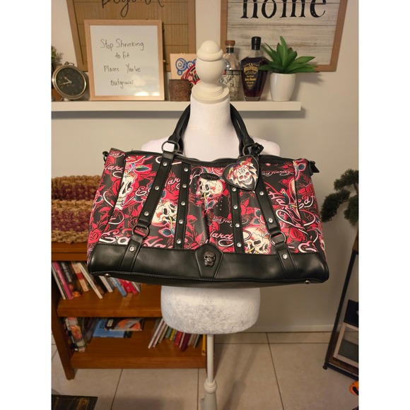 Ed Hardy Handbags - Ed Hardy Christian Audigier Skull Rose Tattoo Print Satchel Handbag Black Red